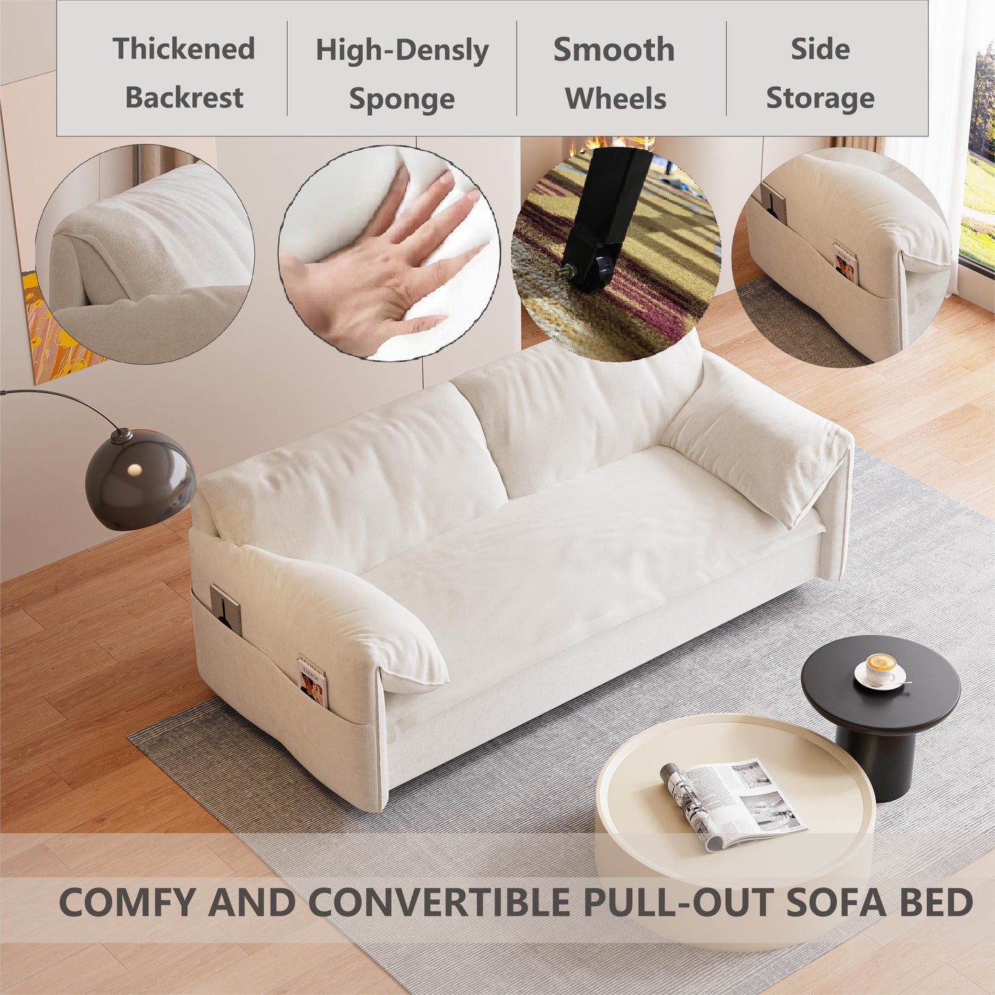Beige Velvet Loveseat Pull Out Sofa Bed with Side Storage