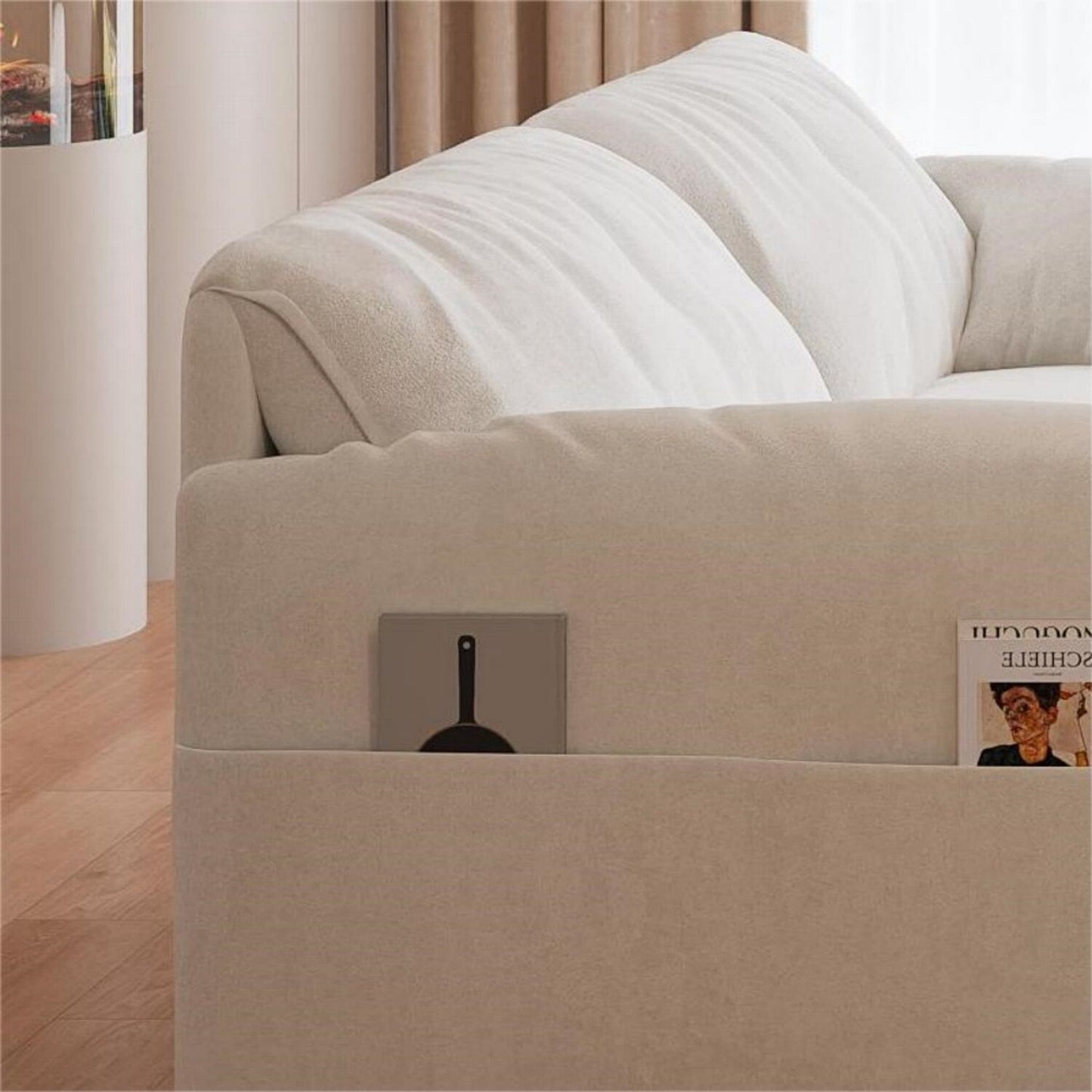 Beige Velvet Loveseat Pull Out Sofa Bed with Side Storage