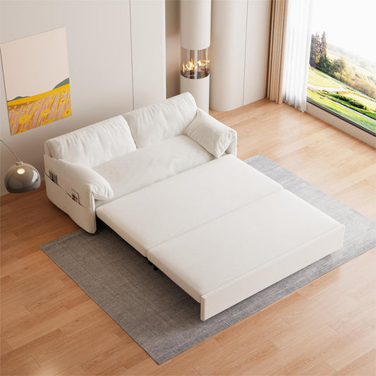 Beige Velvet Loveseat Pull Out Sofa Bed with Side Storage