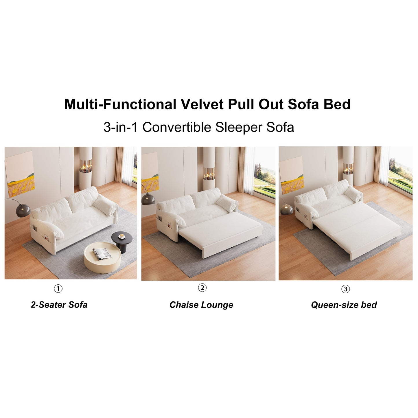 Beige Velvet Loveseat Pull Out Sofa Bed with Side Storage