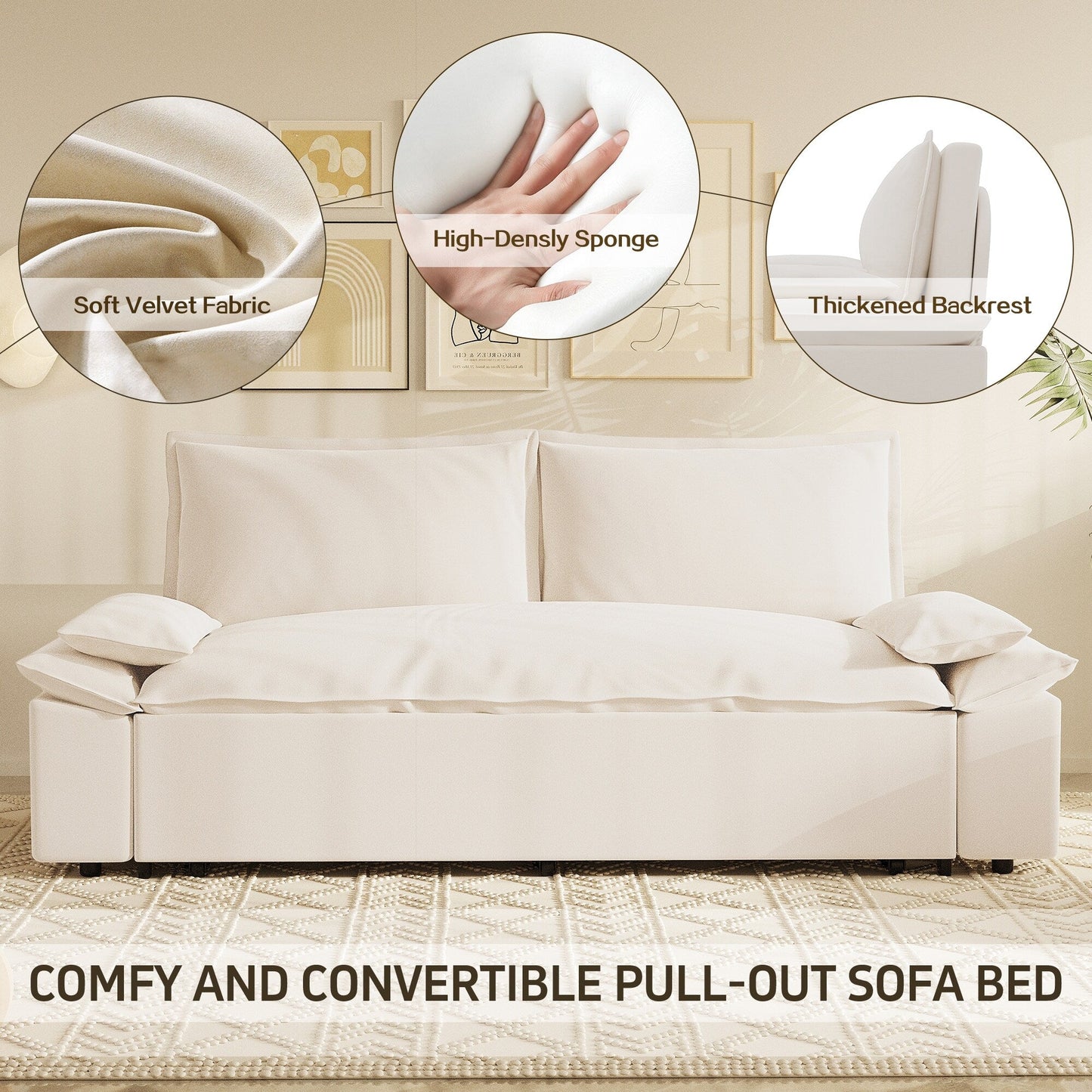 Beige Velvet Loveseat Pull Out Sofa Bed with Soft Pillows