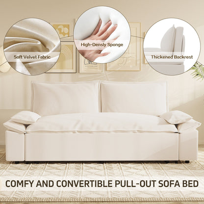 Beige Velvet Loveseat Pull Out Sofa Bed with Soft Pillows