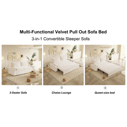 Beige Velvet Loveseat Pull Out Sofa Bed with Soft Pillows
