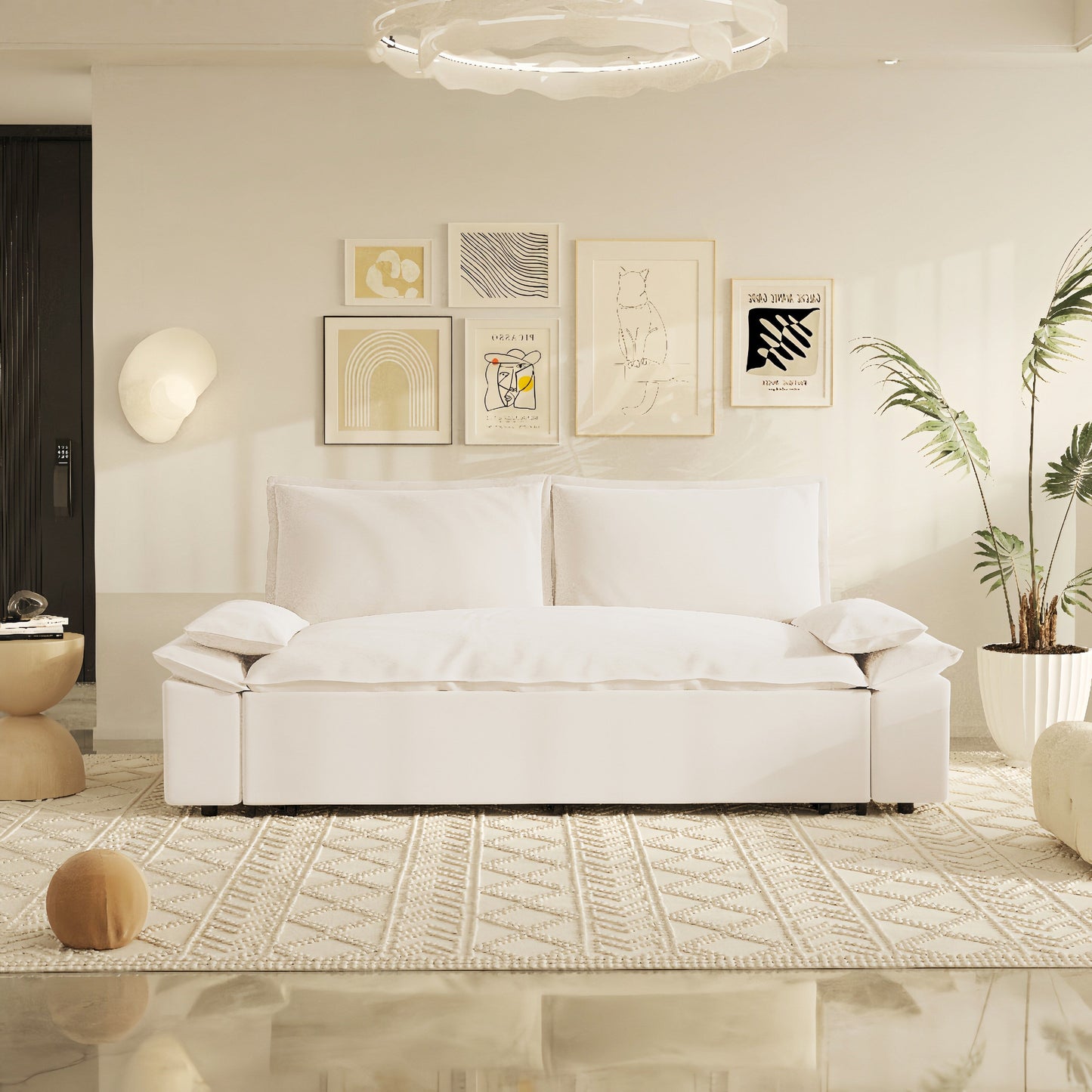 Beige Velvet Loveseat Pull Out Sofa Bed with Soft Pillows