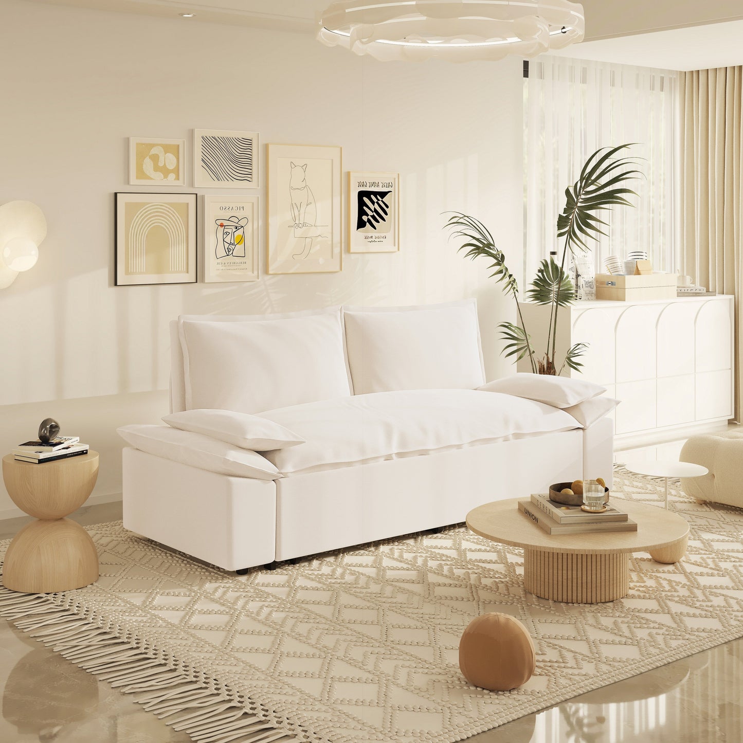 Beige Velvet Loveseat Pull Out Sofa Bed with Soft Pillows
