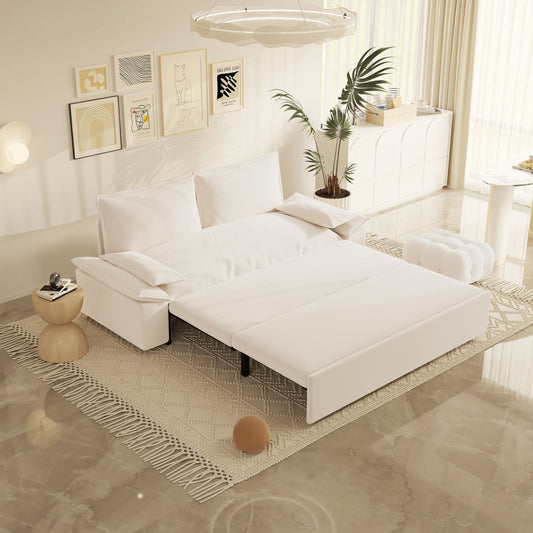 Beige Velvet Loveseat Pull Out Sofa Bed with Soft Pillows