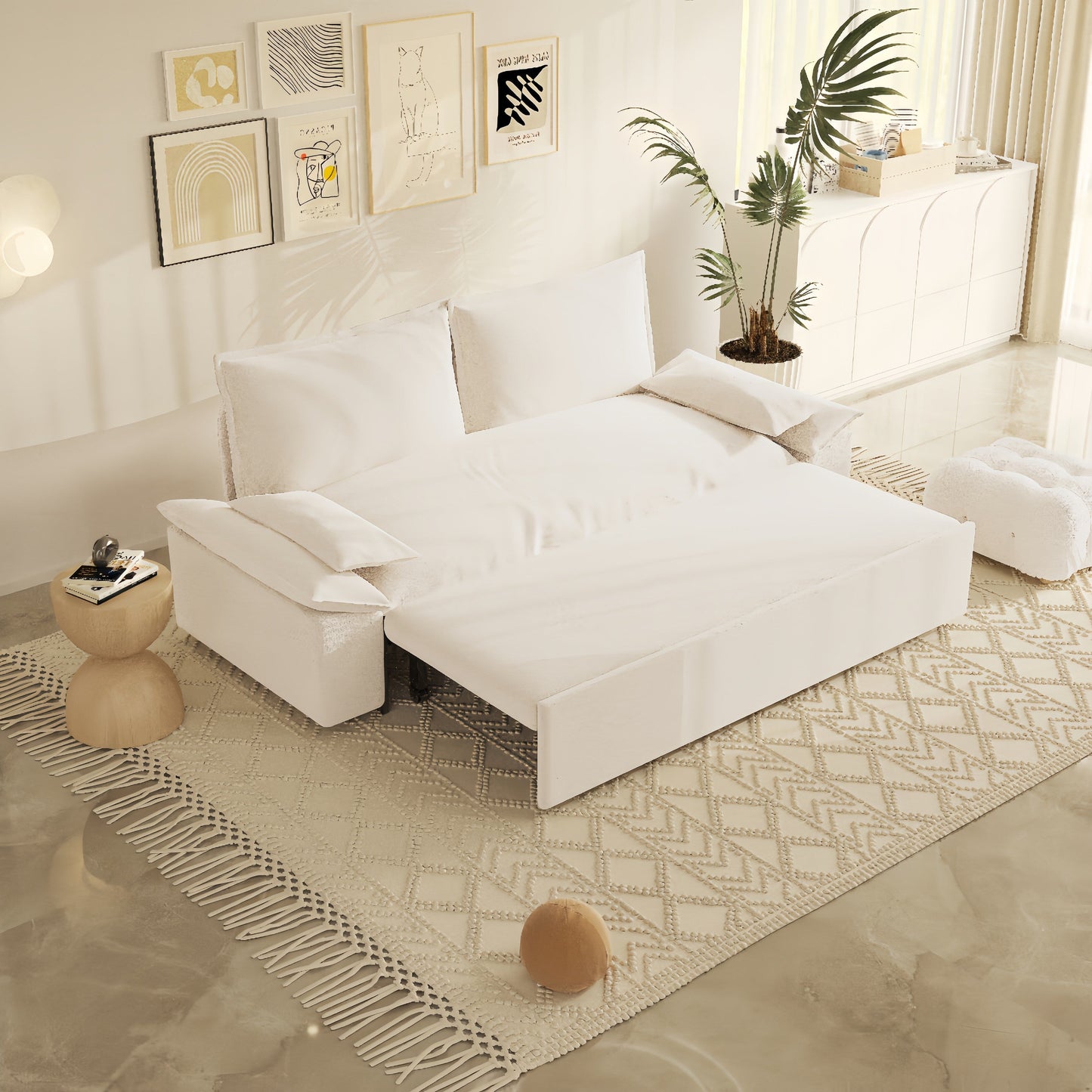 Beige Velvet Loveseat Pull Out Sofa Bed with Soft Pillows