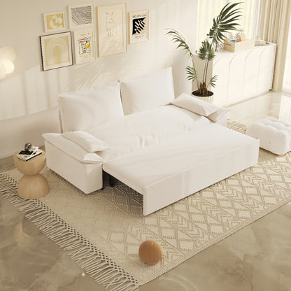 Beige Velvet Loveseat Pull Out Sofa Bed with Soft Pillows