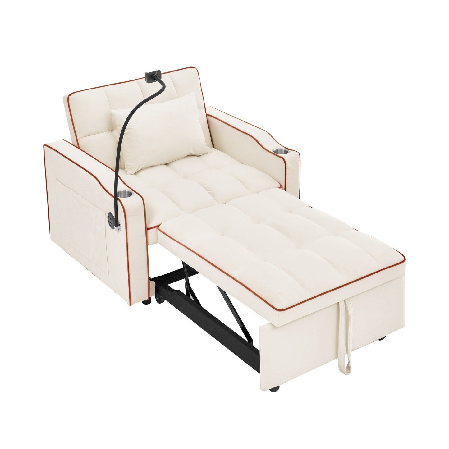 Beige Velvet Single Convertible Sofa Bed with USB Charging Port