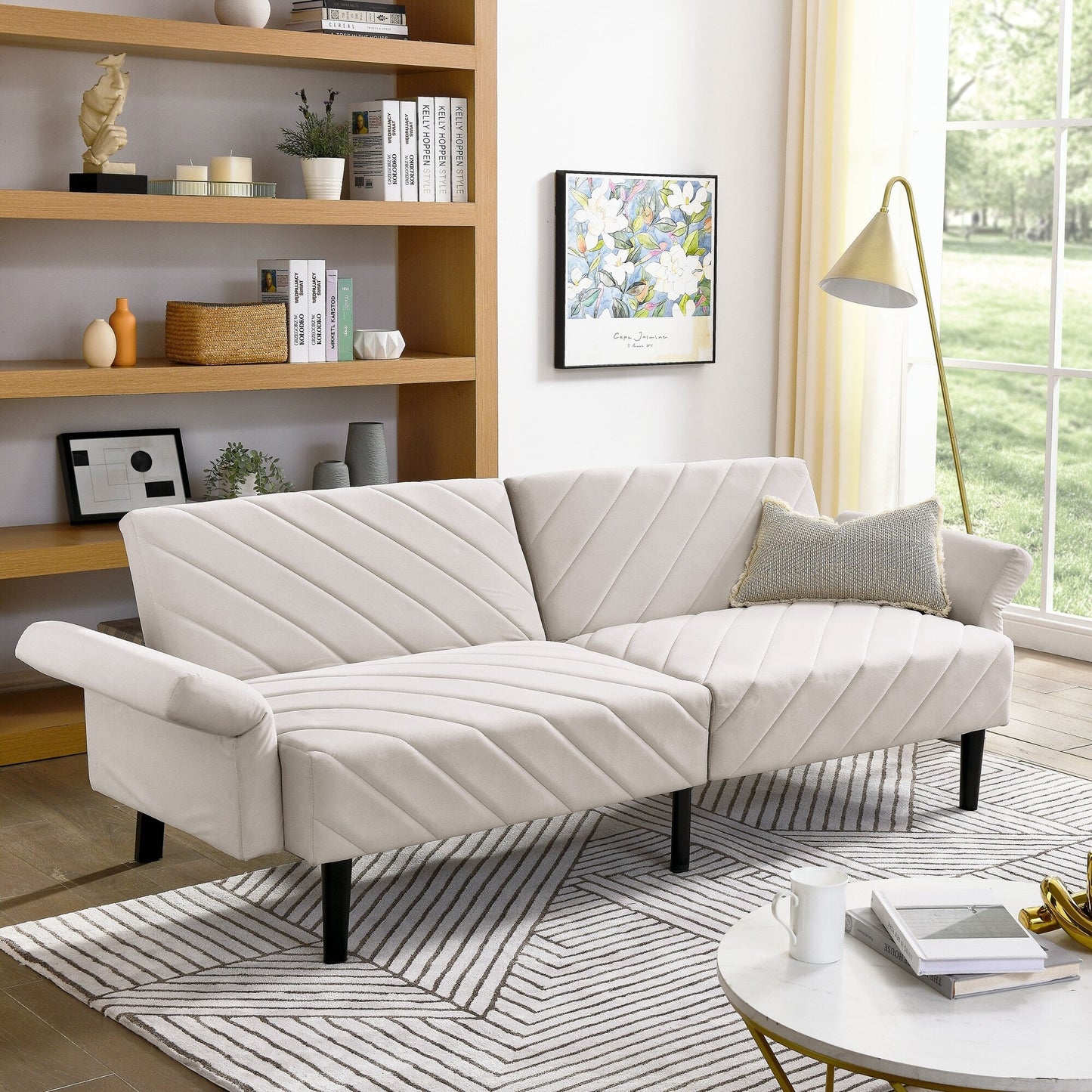 Beige Velvet Tufted Convertible Futon Sofa Bed