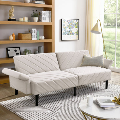 Beige Velvet Tufted Convertible Futon Sofa Bed
