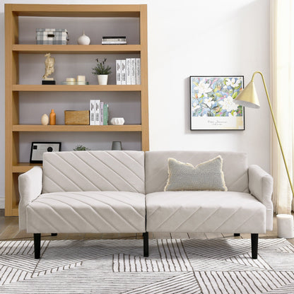 Beige Velvet Tufted Convertible Futon Sofa Bed