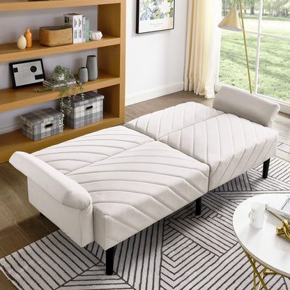 Beige Velvet Tufted Convertible Futon Sofa Bed