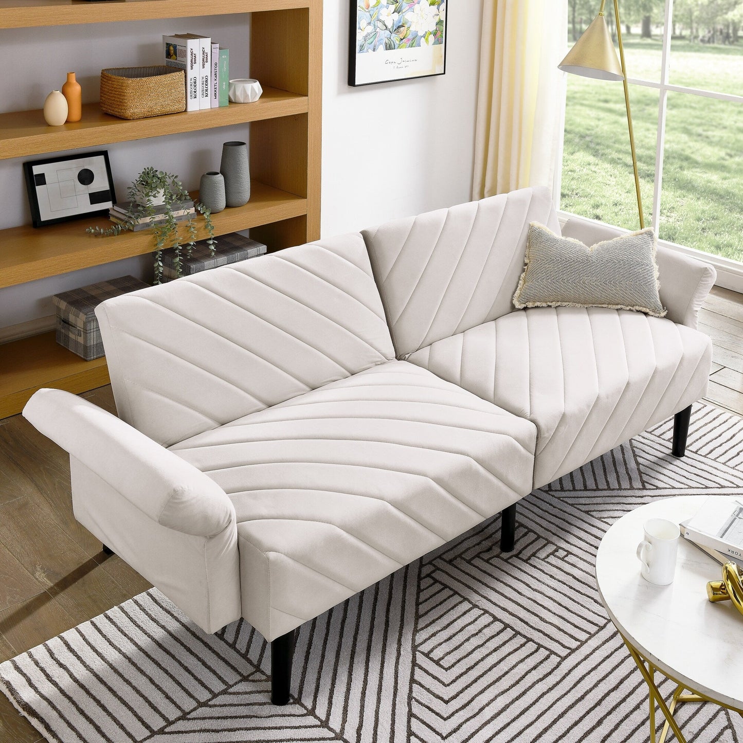 Beige Velvet Tufted Convertible Futon Sofa Bed