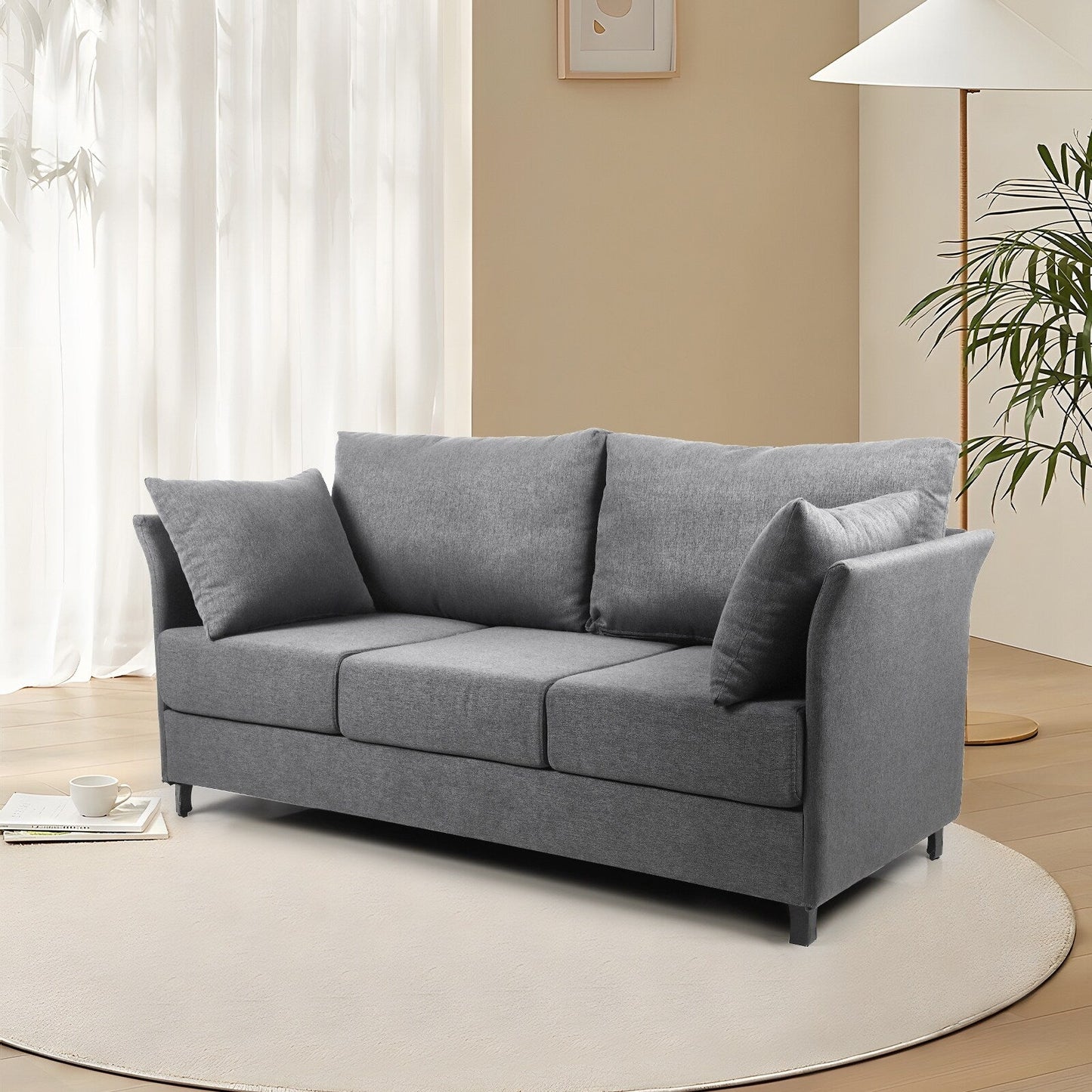 Beige+Grey Linen 3-seater Detachable Sofa with Metal Frame