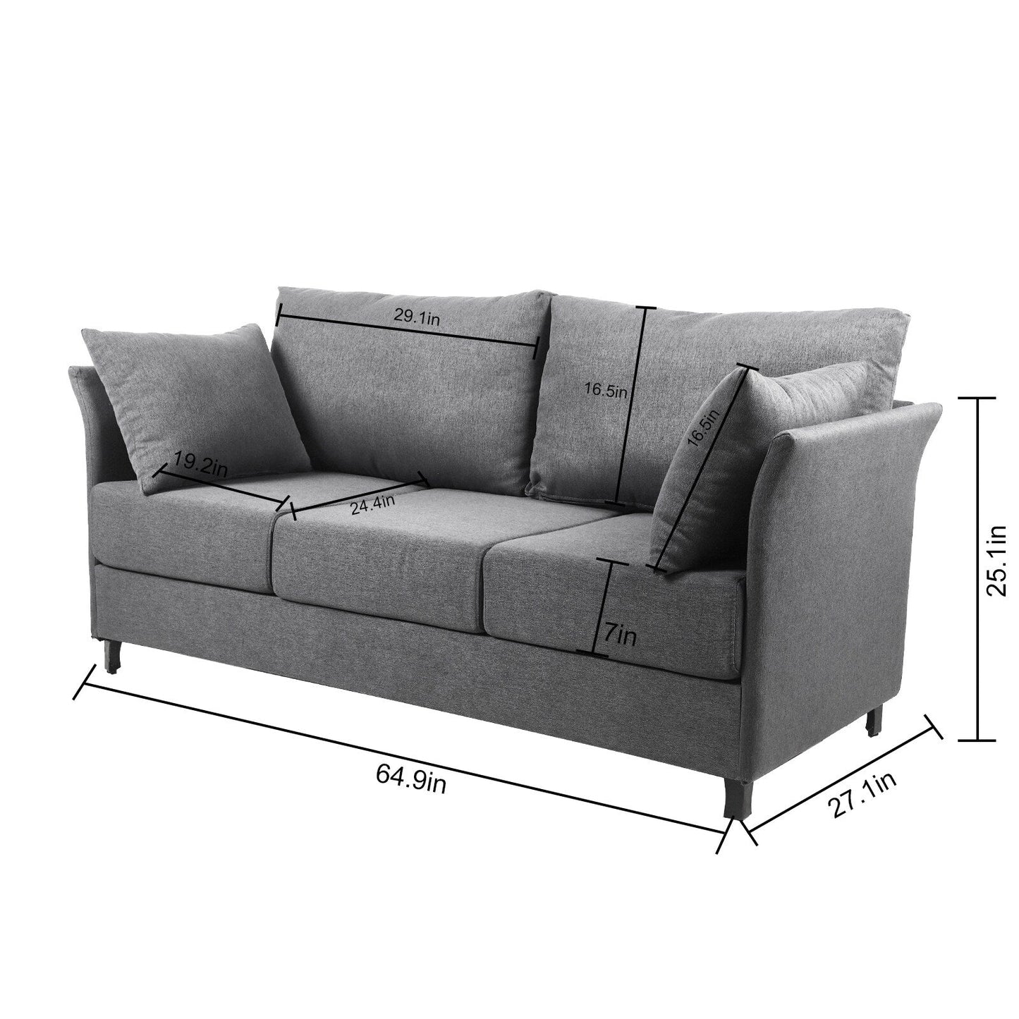 Beige+Grey Linen 3-seater Detachable Sofa with Metal Frame