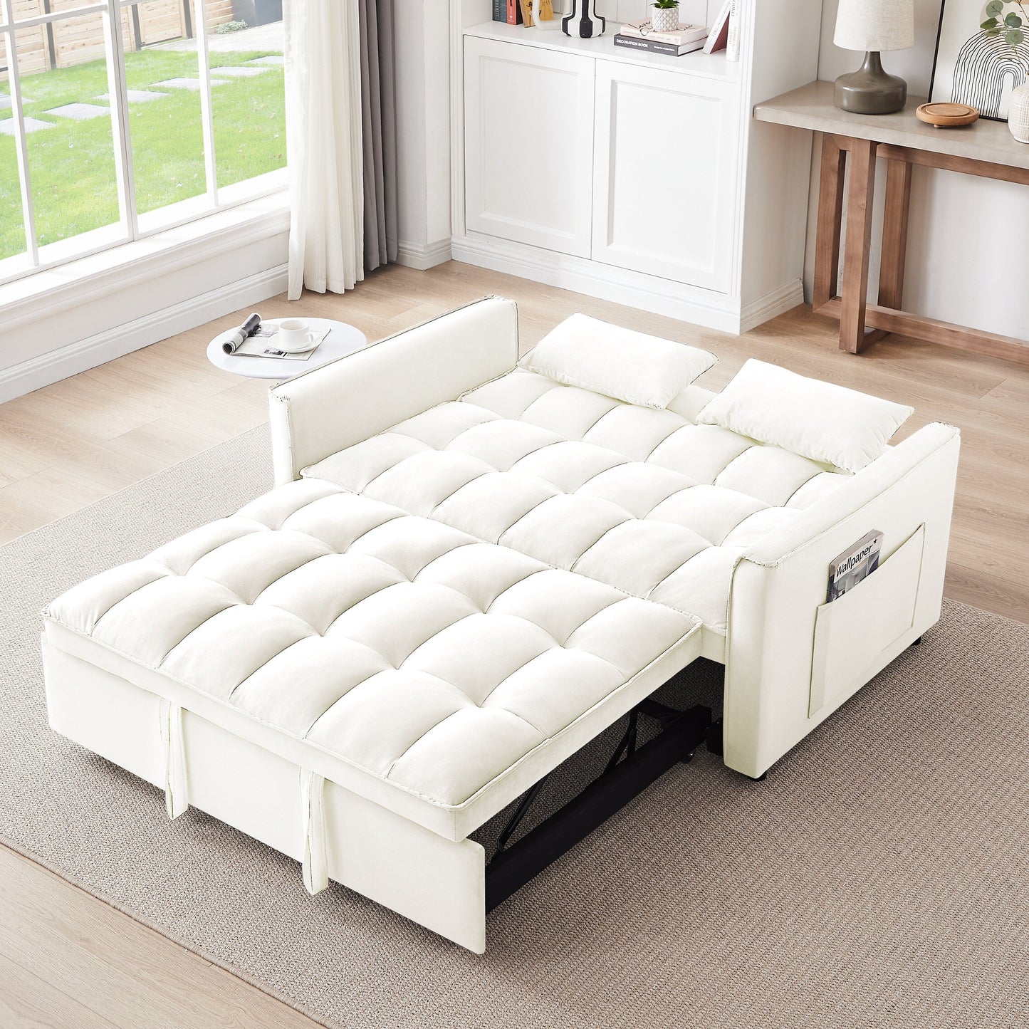 Beige+White Modern 55.1 3 in 1 Convertible Loveseat Sofa Bed with Adjustable Back and Storage Bag for Living Room