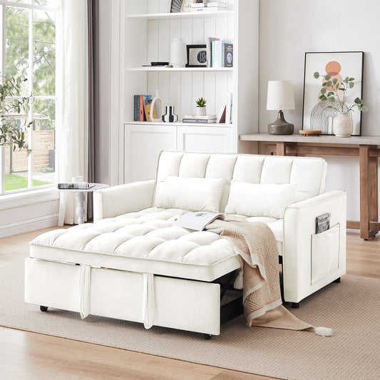 Beige+White Modern 55.1 3 in 1 Convertible Loveseat Sofa Bed with Adjustable Back and Storage Bag for Living Room