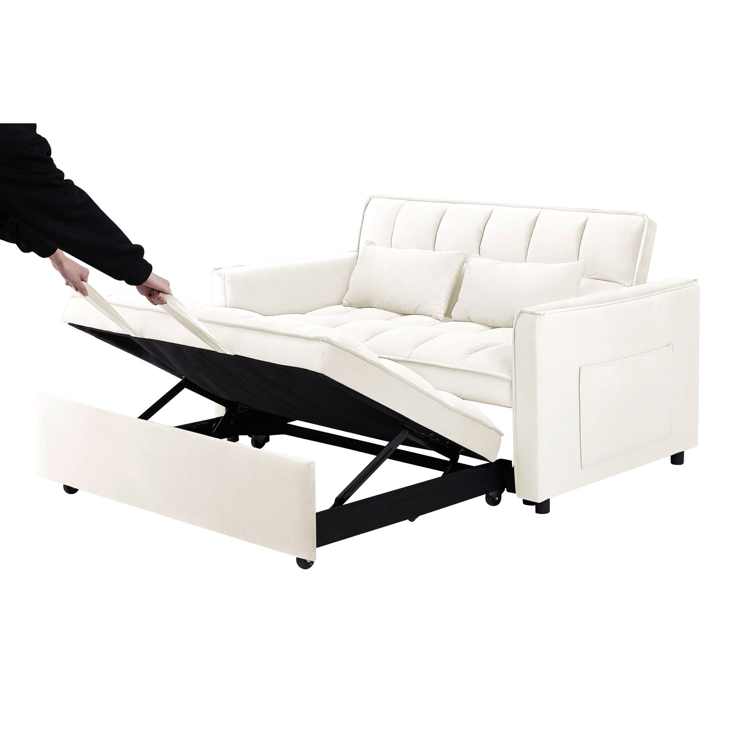 Beige+White Modern 55.1 3 in 1 Convertible Loveseat Sofa Bed with Adjustable Back and Storage Bag for Living Room
