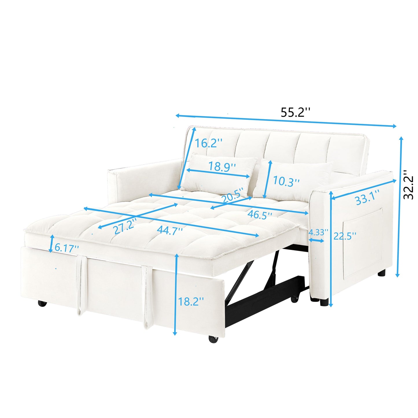 Beige+White Modern 55.1 3 in 1 Convertible Loveseat Sofa Bed with Adjustable Back and Storage Bag for Living Room