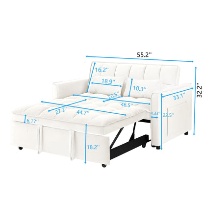 Beige+White Modern 55.1 3 in 1 Convertible Loveseat Sofa Bed with Adjustable Back and Storage Bag for Living Room