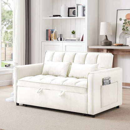 Beige+White Modern 55.1 3 in 1 Convertible Loveseat Sofa Bed with Adjustable Back and Storage Bag for Living Room