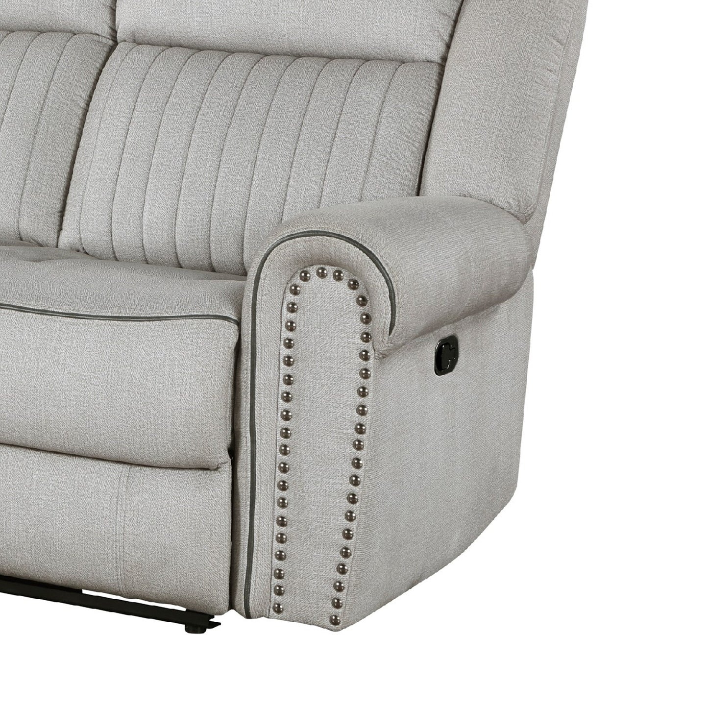 Ben Manual Reclining Sofa, 89 Inch, Gray Microfiber, Nailhead Trims