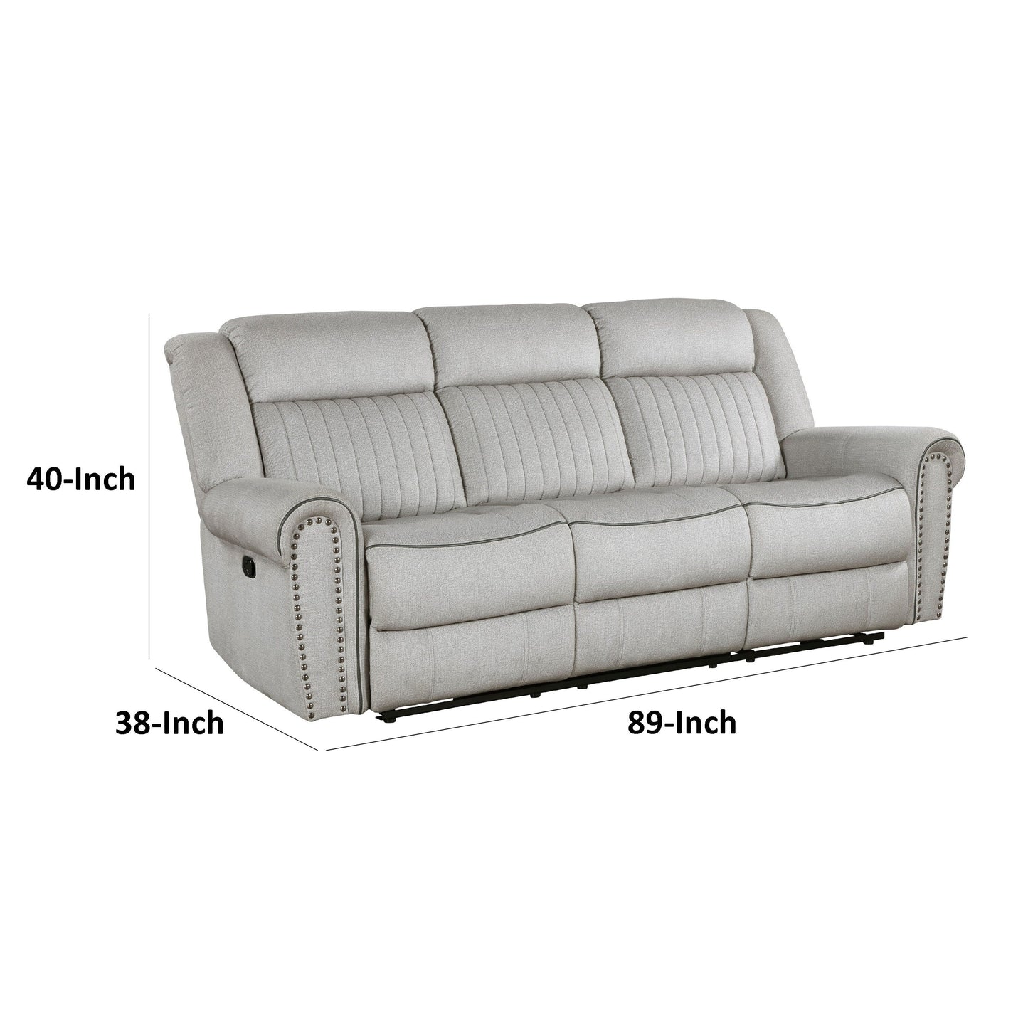 Ben Manual Reclining Sofa, 89 Inch, Gray Microfiber, Nailhead Trims