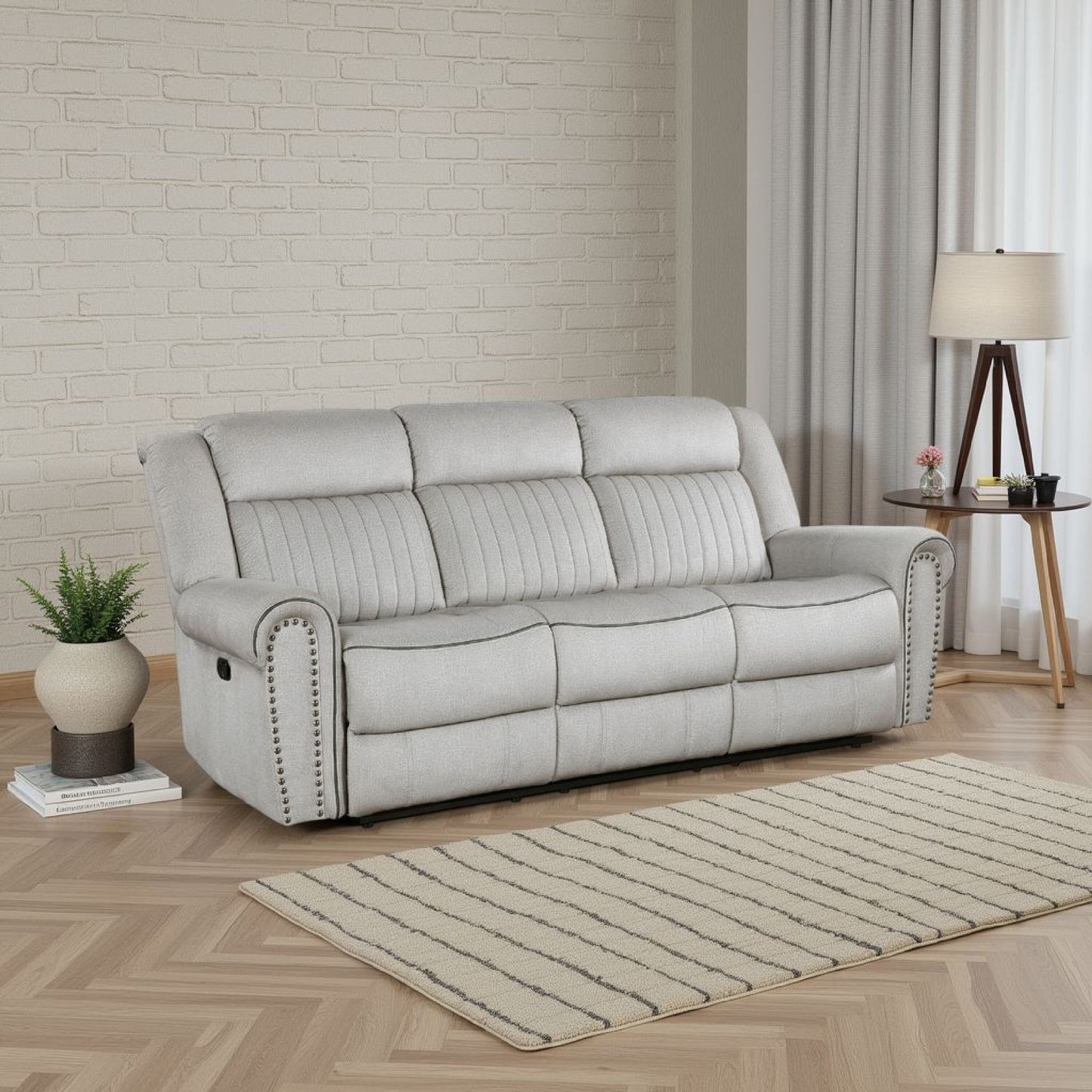 Ben Manual Reclining Sofa, 89 Inch, Gray Microfiber, Nailhead Trims