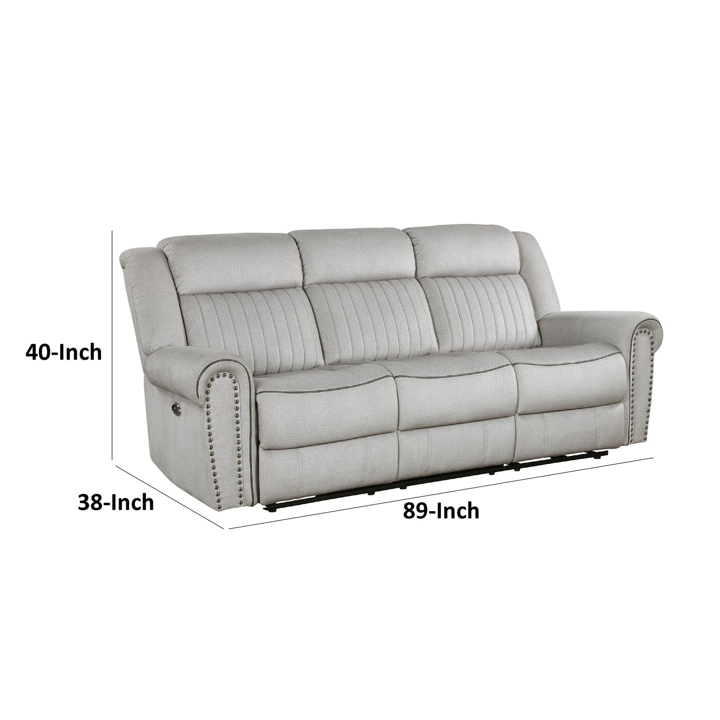 Ben Power Reclining Sofa, 89 Inch, Gray Microfiber, Nailhead Trims