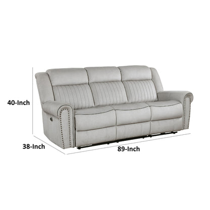 Ben Power Reclining Sofa, 89 Inch, Gray Microfiber, Nailhead Trims
