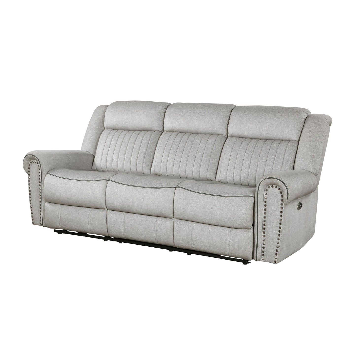 Ben Power Reclining Sofa, 89 Inch, Gray Microfiber, Nailhead Trims