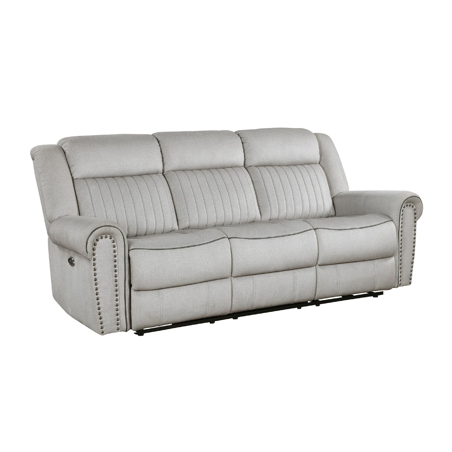 Ben Power Reclining Sofa, 89 Inch, Gray Microfiber, Nailhead Trims
