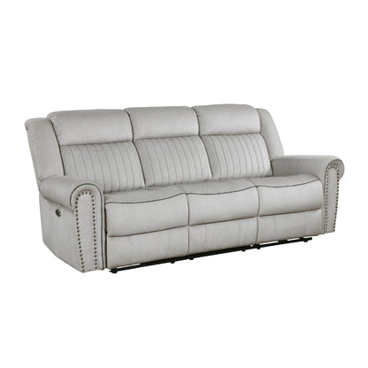 Ben Power Reclining Sofa, 89 Inch, Gray Microfiber, Nailhead Trims
