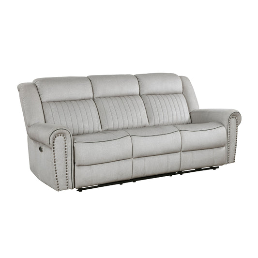 Ben Power Reclining Sofa, 89 Inch, Gray Microfiber, Nailhead Trims