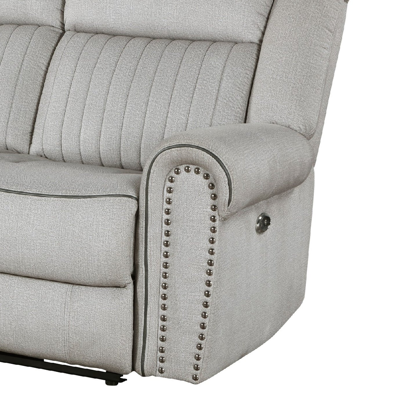 Ben Power Reclining Sofa, 89 Inch, Gray Microfiber, Nailhead Trims
