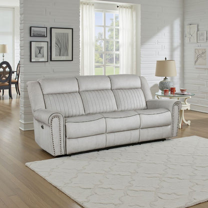 Ben Power Reclining Sofa, 89 Inch, Gray Microfiber, Nailhead Trims
