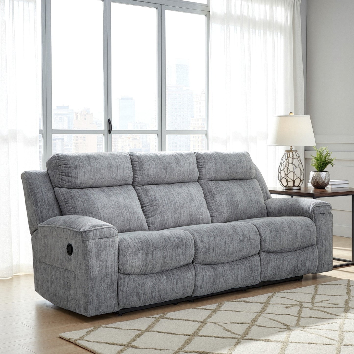 Benson Manual Reclining Sofa, Gray Polyester, Metal Frame, 87 Inch