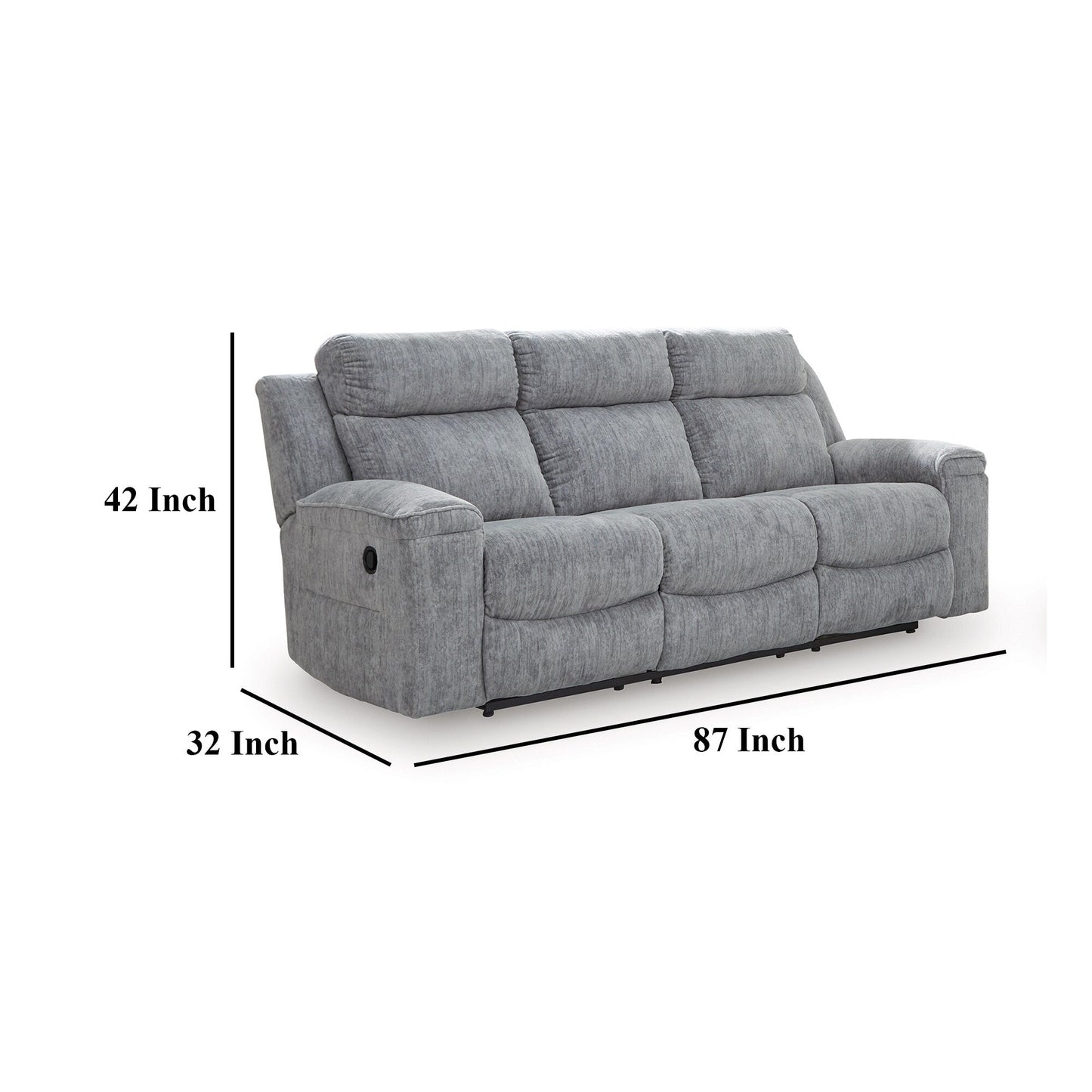 Benson Manual Reclining Sofa, Gray Polyester, Metal Frame, 87 Inch