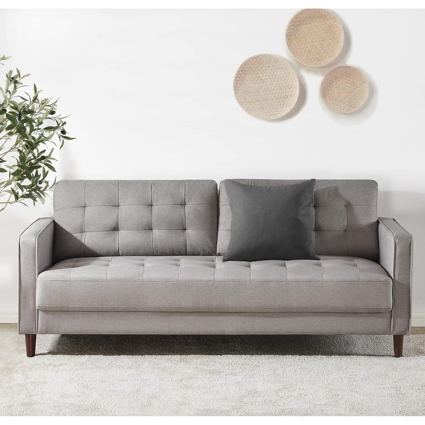 Benton Sofa Couch, Grid Tufted Cushions, Easy, Tool-Free Assembly, Stone Grey