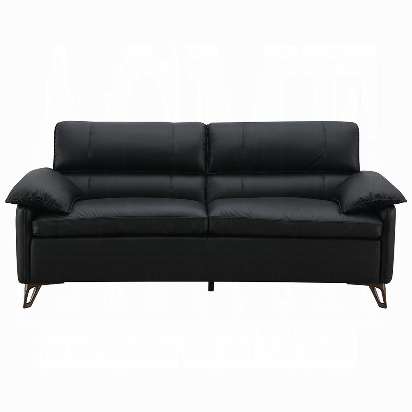 Bernie Sofa, Sleek Black Top Grain Leather, Bronze Metal, 83 Inch