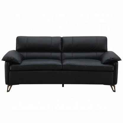 Bernie Sofa, Sleek Black Top Grain Leather, Bronze Metal, 83 Inch