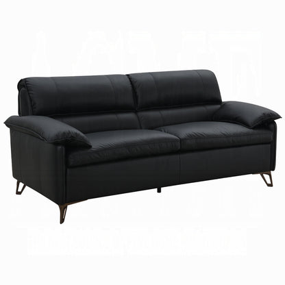 Bernie Sofa, Sleek Black Top Grain Leather, Bronze Metal, 83 Inch