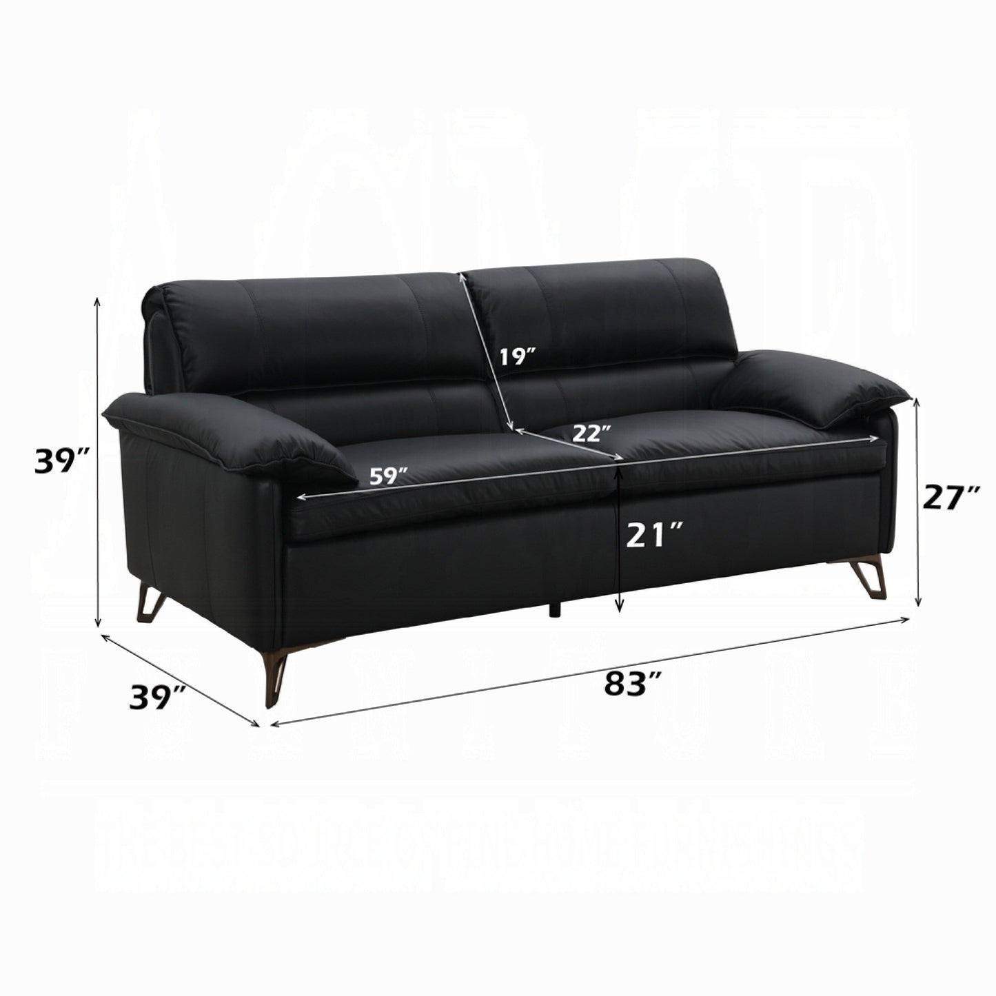Bernie Sofa, Sleek Black Top Grain Leather, Bronze Metal, 83 Inch