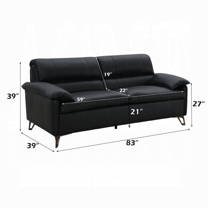 Bernie Sofa, Sleek Black Top Grain Leather, Bronze Metal, 83 Inch