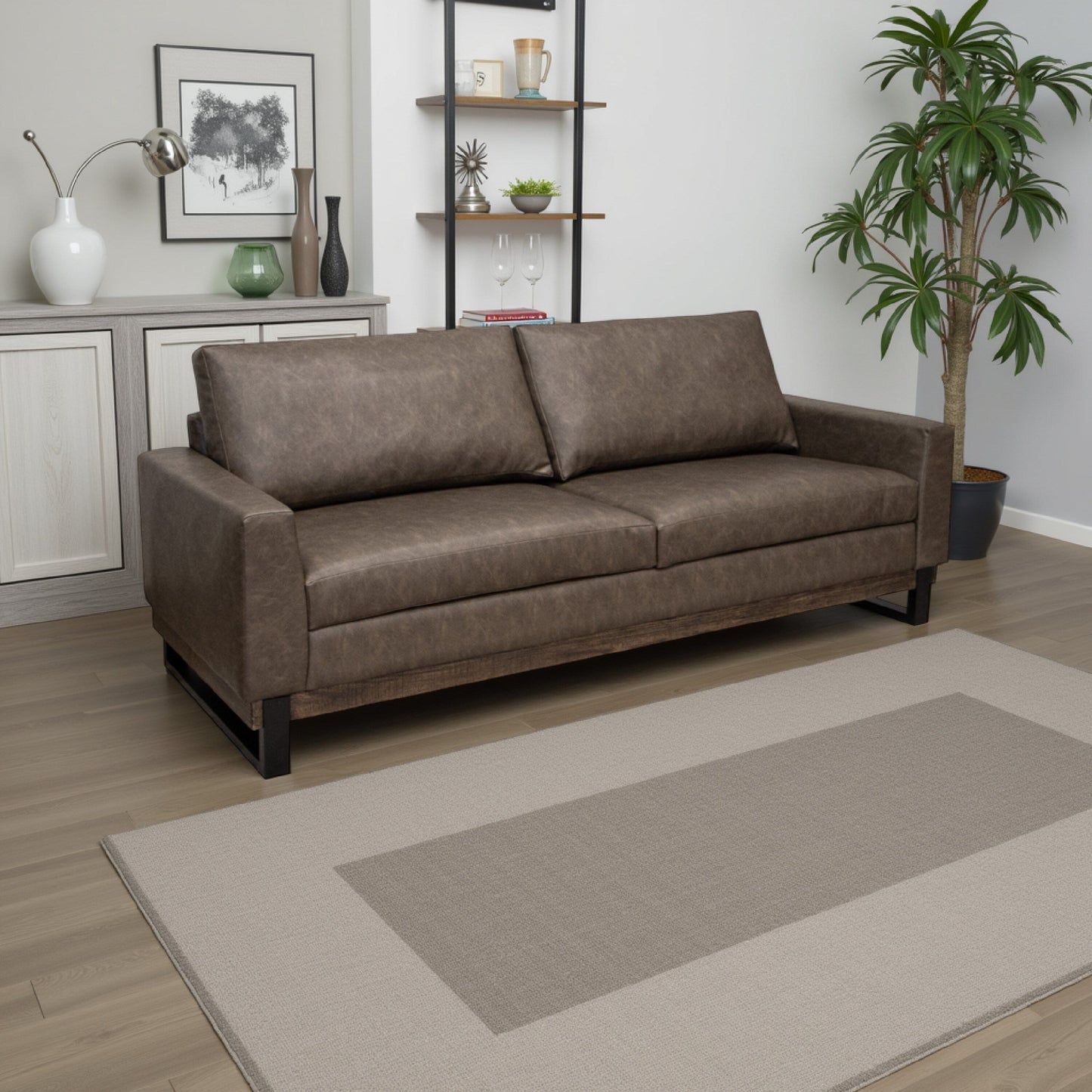 Berry Sofa, Chocolate Brown Faux Leather, Foam, Solid Pine Wood, 89 Inch