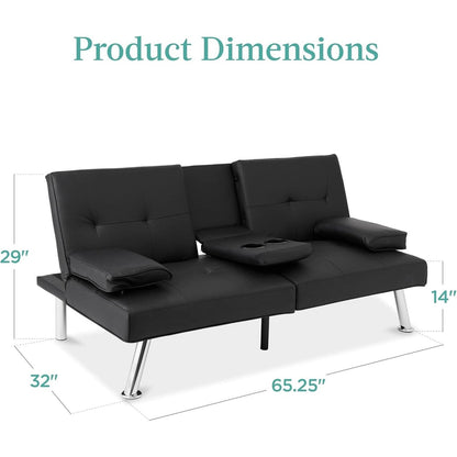 Best Choice Faux Leather Convertible Futon - Adjustable Sofa Bed with Removable Armrests, BlackÂ 
