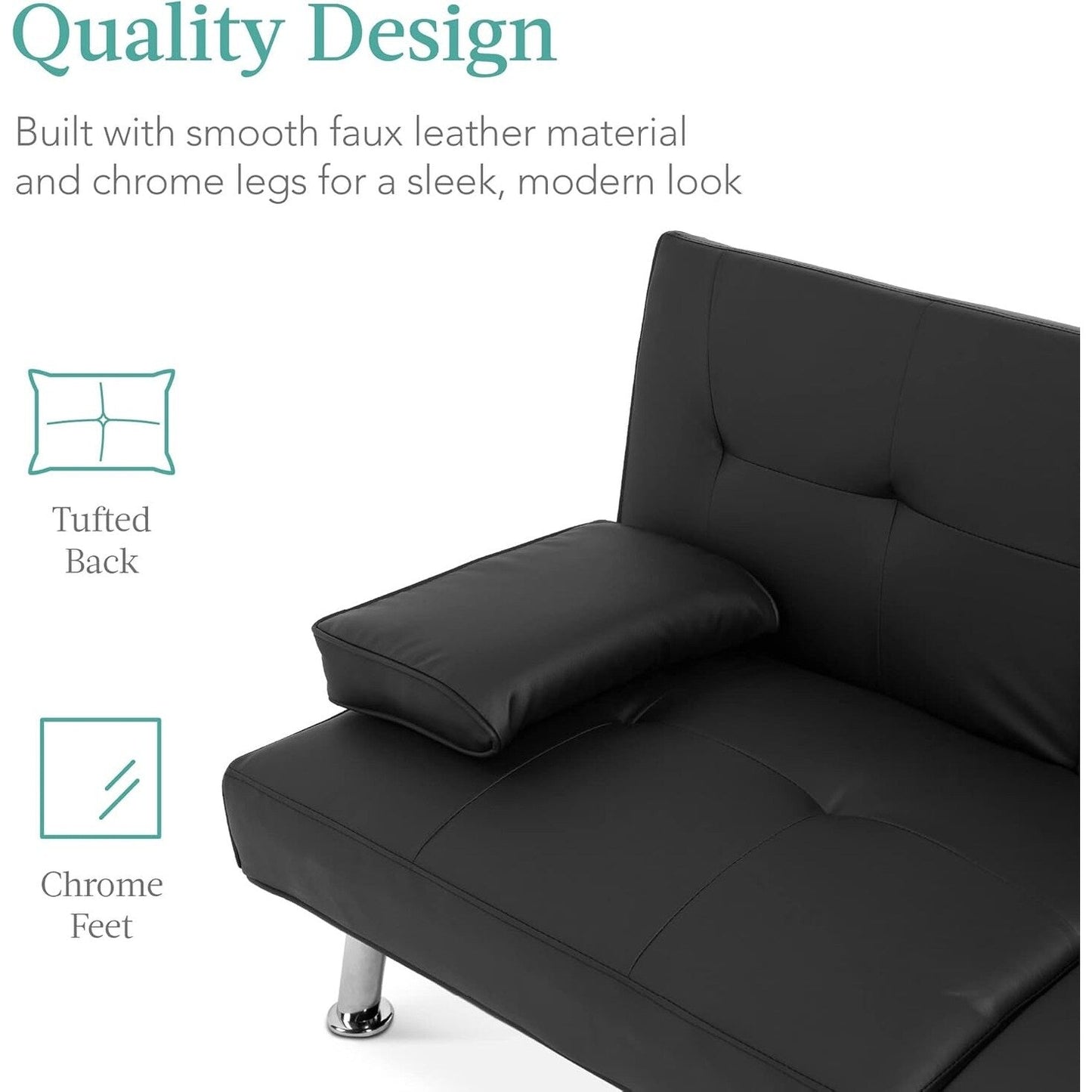 Best Choice Faux Leather Convertible Futon - Adjustable Sofa Bed with Removable Armrests, BlackÂ 