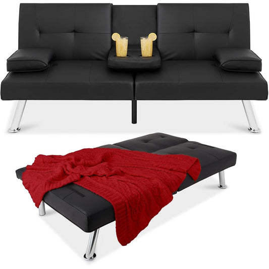 Best Choice Faux Leather Convertible Futon - Adjustable Sofa Bed with Removable Armrests, BlackÂ 