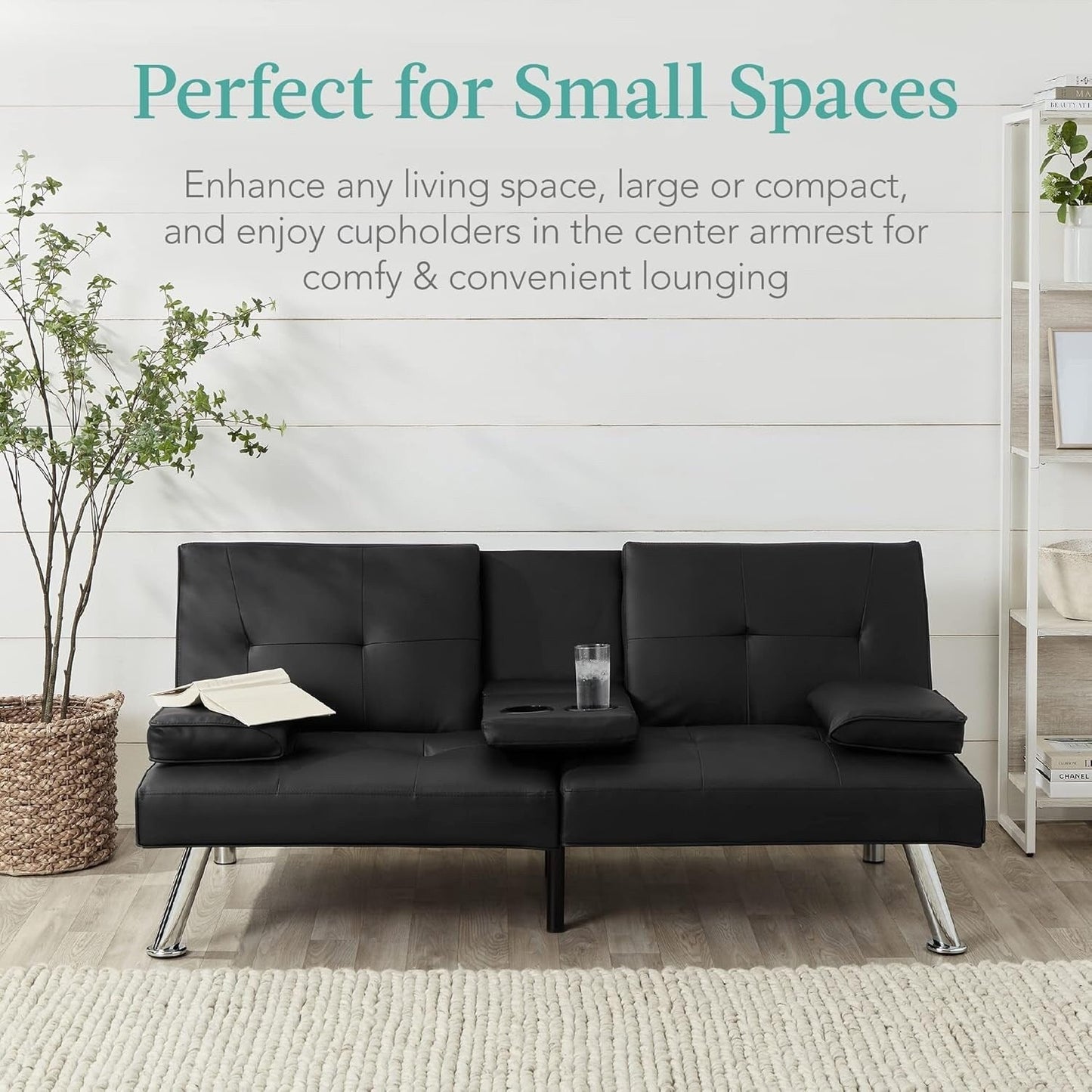 Best Choice Faux Leather Convertible Futon - Adjustable Sofa Bed with Removable Armrests, BlackÂ 